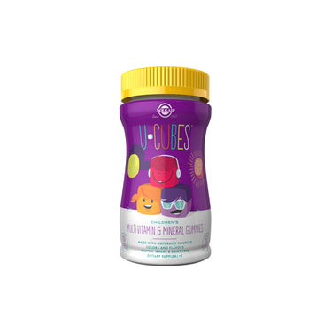 A container from Solgar, featuring a colorful design with character illustrations and a yellow lid, houses the U-Cubes Children's Multi-Vitamin and Mineral 60 Gummies, providing essential nutritional support for growing kids.